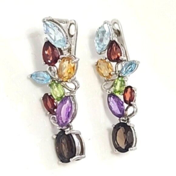 Vintage Boho Sterling Silver Colourful Rainbow Crystal Flower Drop Long Earrings - Picture 9 of 10